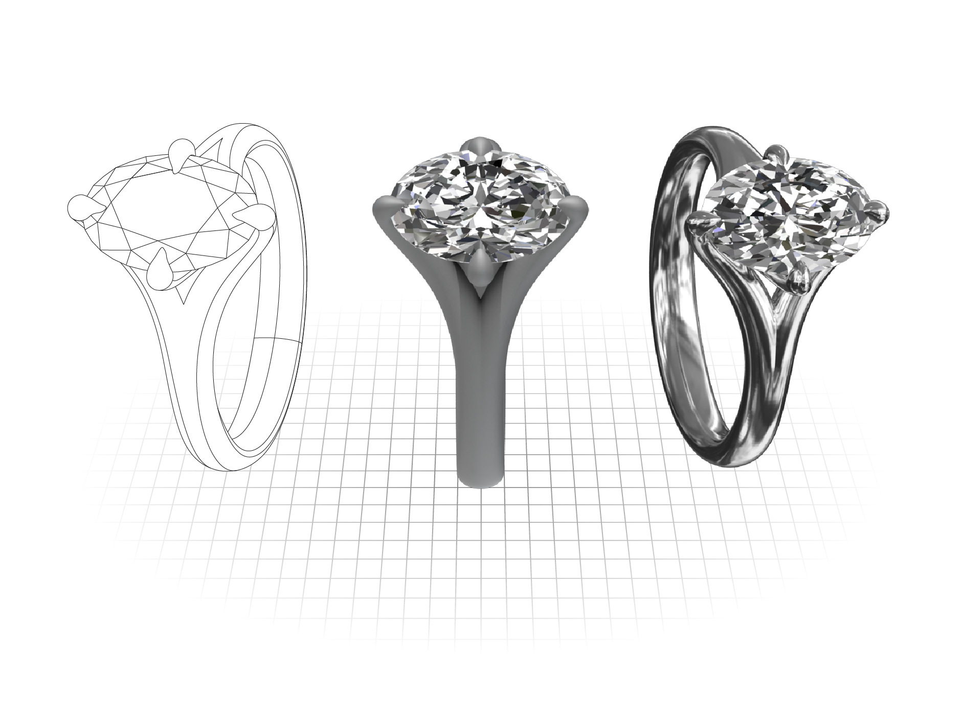 Three stages of rendering and production process illustrated against a grey background